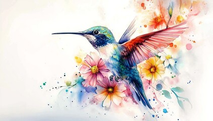 Watercolor hummingbird with flowers, colorful, white background, tattoo...