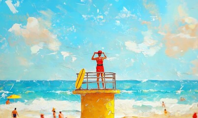 Fototapeta premium Lifeguard in red on a beach tower.