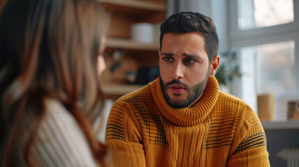 Obraz premium Caucasian male in a yellow sweater, engaged in a serious conversation, indoor setting.