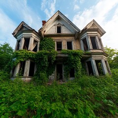 Fototapeta premium Abandoned house with wild vines climbing, broken windows, mysterious overgrowth