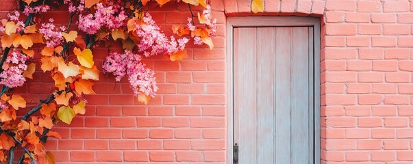 Beautiful red brick house with flowering vines, colorful petals against warm brick, spring setting
