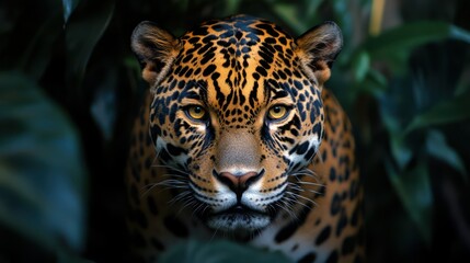 Obraz premium powerful jaguar in shadowy jungle backdrop