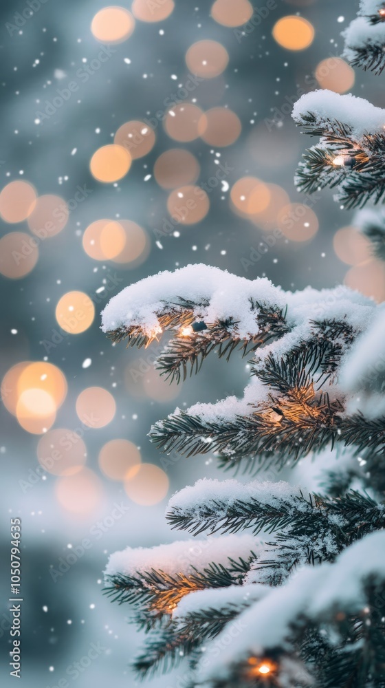 Poster snow-covered pine branches with festive lights against a magical bokeh background.