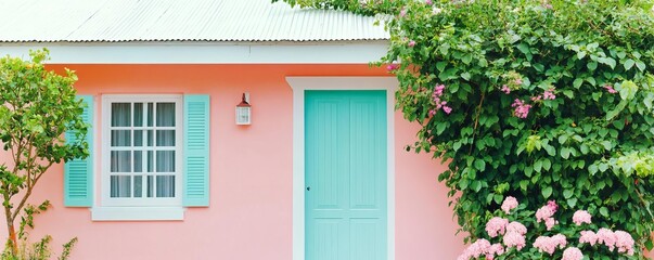 Charming cottage with dense climbing plants, bright colors, cozy springtime