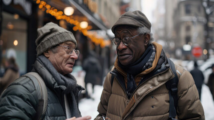 Obraz premium Elderly Caucasian and African American men discussing outdoors, winter setting.