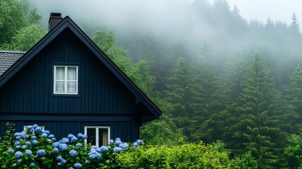 Cottage in the woods with climbing hydrangeas, misty forest background