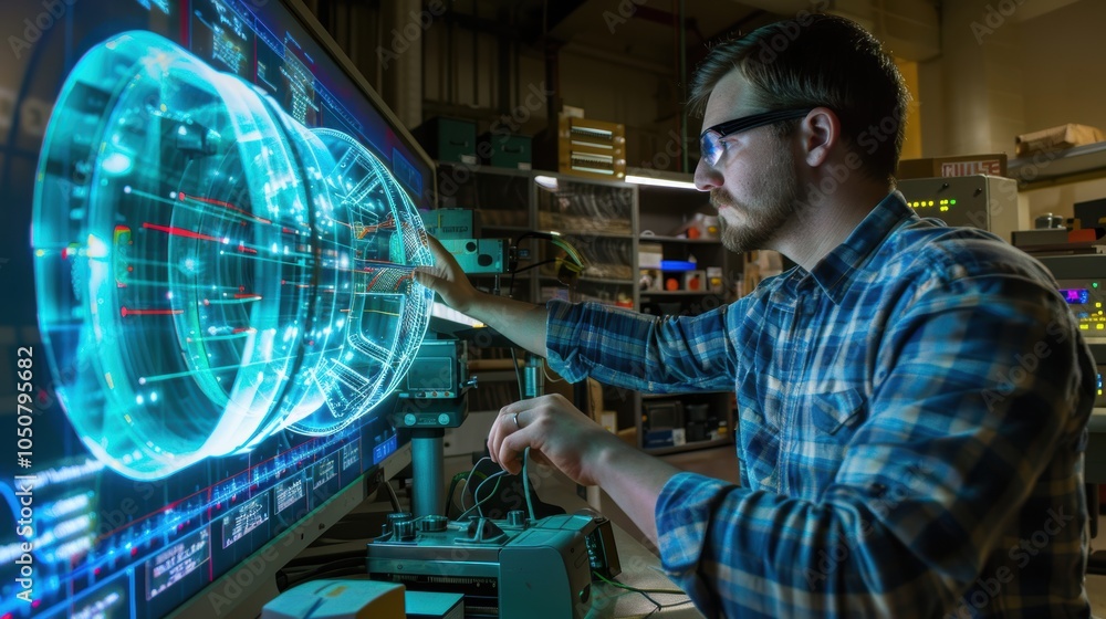 Poster aerospace engineer analyzing 3d spacecraft model in futuristic high-tech laboratory