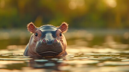 Fototapeta premium Adorable Baby Hippo Exploring Serene Riverside Waters