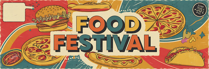Retro style illustration of pizza  burger and hot dog in yellow and orange colors for a food festival promotion   