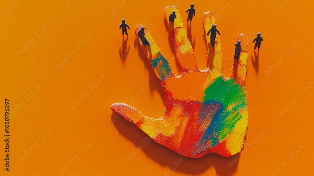 Aufkleber A group of tiny silhouettes standing on a large colorful handprint on a solid orange background representing the mark of diversity, Highlighting the impact and legacy of inclusive practices