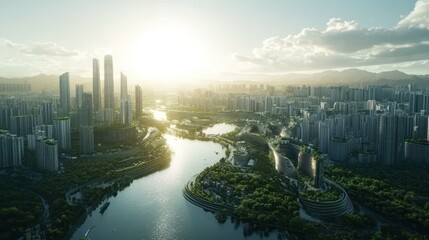 Naklejka premium urban landscape with wave-shaped buildings harmonizing with nature