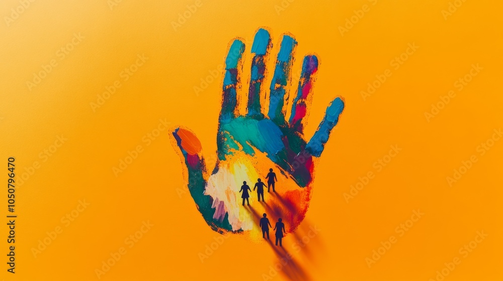 Poster A group of tiny silhouettes standing on a large colorful handprint on a solid orange background representing the mark of diversity, Highlighting the impact and legacy of inclusive practices