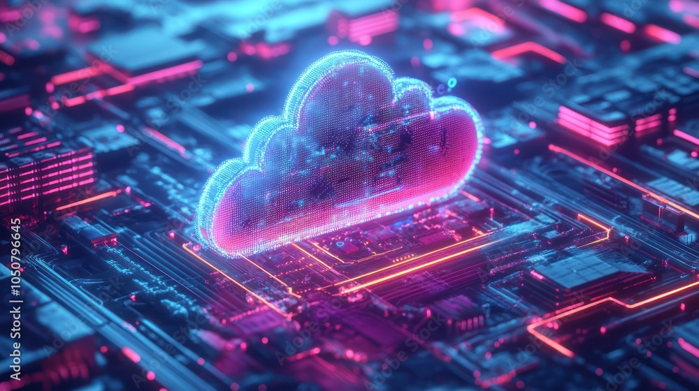 Poster a glowing cloud symbol over a circuit board, representing cloud computing and technology.