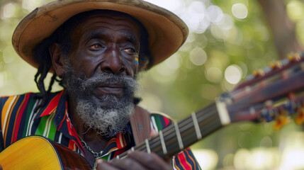 An elderly Caribbean male musician playing the guitar outdoors, with a thoughtful expression. He wears a striped, colorful outfit and a brown hat.
