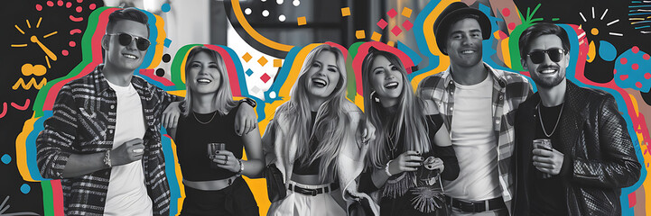 Happy friends celebrate with drinks and colorful abstract design youthful energy and carefree fun 