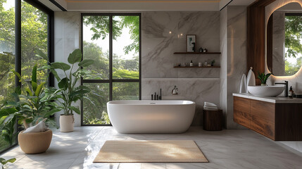 Fototapeta premium Modern bathroom design featuring a freestanding tub and elegant fixtures with large windows for natural light and greenery views
