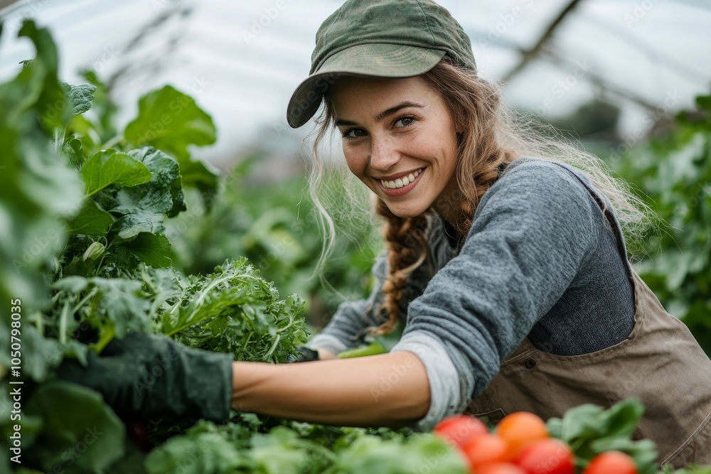 Wall mural friendly woman harvesting fresh vegetables from farm, generative ai