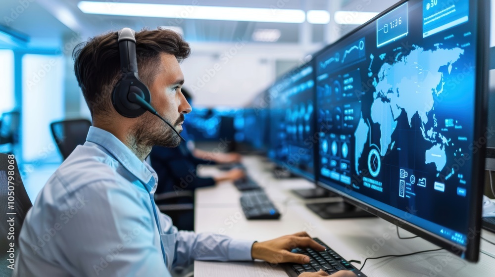 Poster call center supervisor overseeing agents with digital customer service metrics display