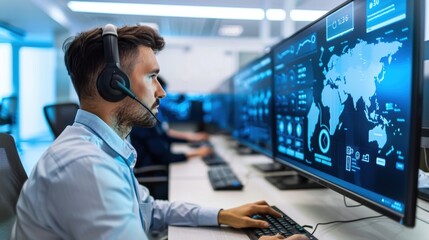 Call Center Supervisor Overseeing Agents with Digital Customer Service Metrics Display