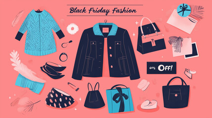 A fashion-themed banner showing trendy clothes and accessories with "Black Friday Fashion Steals  60% Off!", Banner, Black Friday, Sale