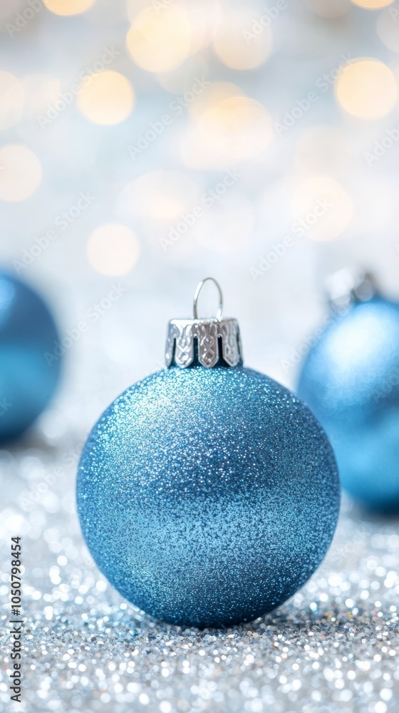 Poster close-up of a sparkling blue christmas ornament with shimmering bokeh. ideal for holiday backgrounds