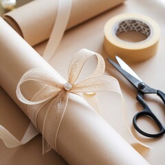 Elegantly rolled document or certificate wrapped in neutral kraft paper, secured with a delicate ribbon bow, lying near presentation crafting tools like tape and scissors.