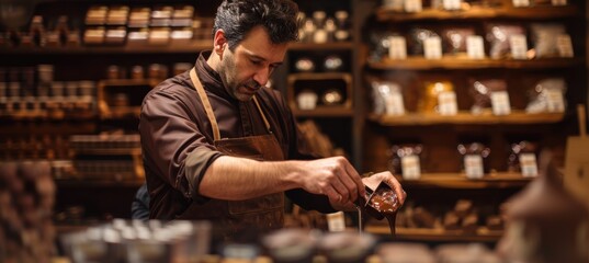 Artisan Chocolatier Crafting Gourmet Treats in Cozy Boutique Shop Ambiance