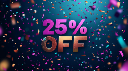 A modern banner with falling confetti and big bold "25% OFF" text, perfect for a flashy sale promotion, Banner, Black Friday, Sale