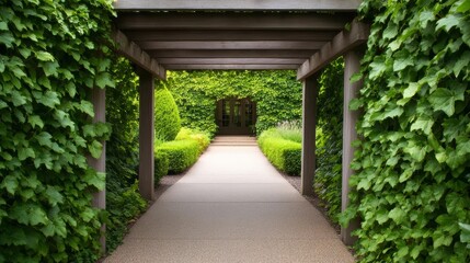 Ivy cascading over a garden pergola leading to a house, soft summer light