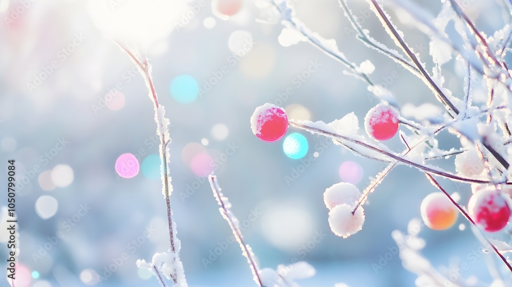 Poster a close-up of frosted branches with red berries and a soft, out-of-focus background.