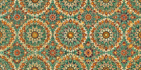 Intricate Moroccan mosaic design in earthy yellow green tones, abstract arabic pattern