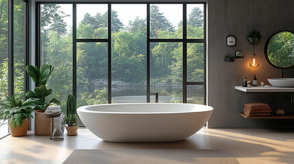 Fototapeta premium Modern bathroom design featuring a freestanding tub with large windows overlooking a serene outdoor landscape