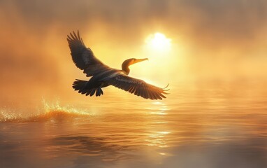 Cormorant Bird in Flight Over Water at Sunrise with Golden Light Reflections &acirc;&euro;&ldquo; Stunning Wildlife Nature Photography Capturing Motion and Beauty of a Coastal Scene