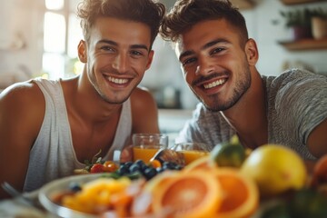 Affectionate young gay man spoiling his lover with breakfast in, Generative AI