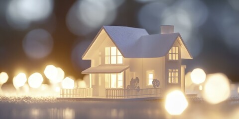Miniature White House with Glowing Windows and Fairy Lights