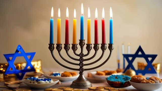 Hanukkah menorah candelabrum with nine lit candles and traditional Hanukkah items, including gold coins (gelt), bowls of festive treats, and decorations like the Star of David