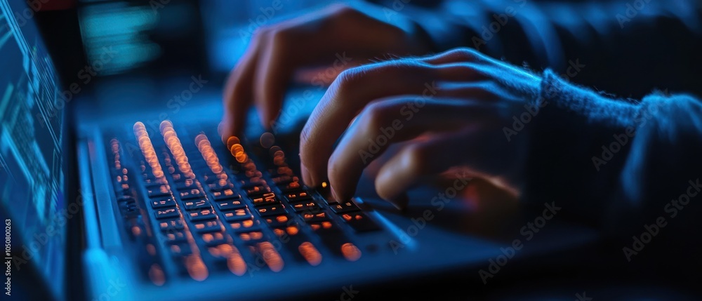 Poster close-up of hands typing on a backlit keyboard in a dark environment.