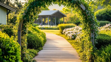 Fototapeta premium Ivy growing up a wooden arch leading to a house, garden in full bloom