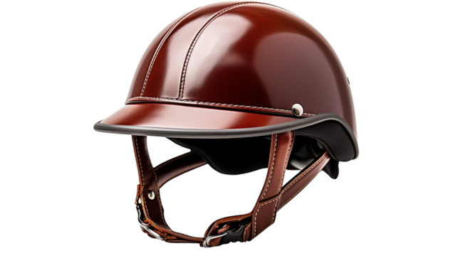 Elegant brown leather helmet, designed for the modern equestrian, set against a pristine white background. - Powered by Adobe