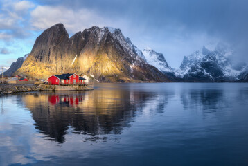 Red rorbuer on the island against snowy rocks lighted by sun, blue sea and dramatic cloudy sky in...