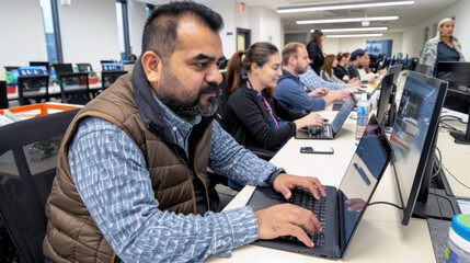 Fototapeta premium Middle-aged South Asian man working on a computer in an adult education classroom, surrounded by diverse classmates.