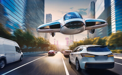 Obraz premium Flying cars, which are new technology transportation vehicles, are driving in traffic along with land vehicles.