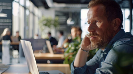 Fototapeta premium Middle-aged white man working on a laptop in a bustling cafe, focused and serious.