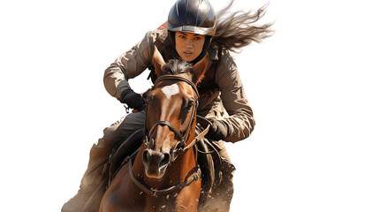 Fototapeta premium Horse and rider at full speed, showcasing dynamic power and motion, isolated on a white background.