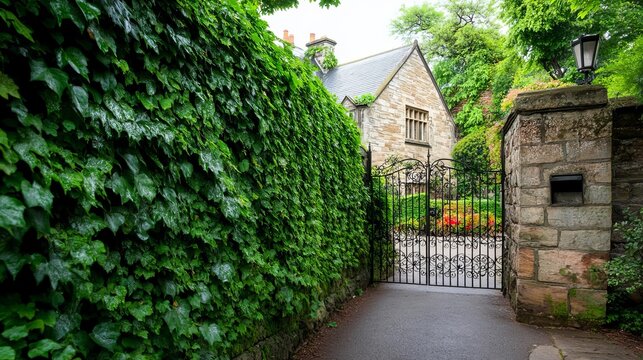 Ivy-covered garden wall leading to a house, wrought iron gate, secretive atmosphere