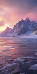 Majestic Mountain Range Reflecting in Frozen Lake at Sunset