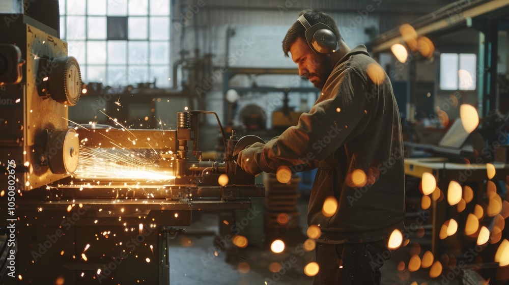 Poster industrial machinist operating metalworking machine with precision and sparks in bright workshop