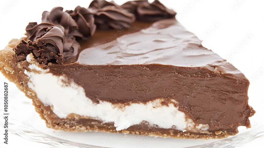 Poster a slice of chocolate cream pie with a layer of vanilla pudding.