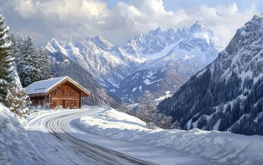 Modern Mountain Chalet austrian mountains christmass snow road 