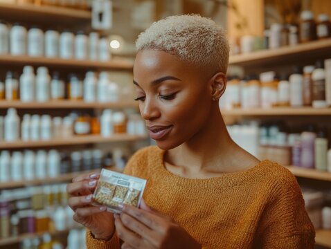 Young woman choosing natural cosmetics or remedies in a zero waste shop, reading the label of a product in bulk, showing interest and care for sustainable shopping